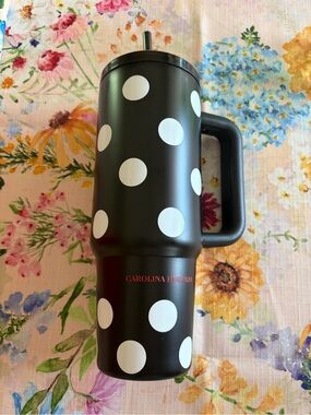 Carolina Herrera Black and White Polka Dot Travel Tumbler with Handle